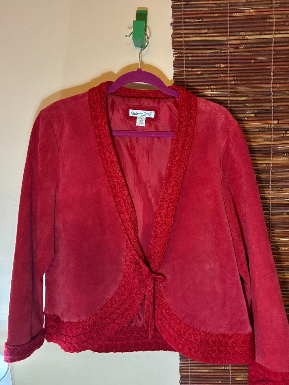 Coldwater Creek Red Suede Jacket Cable Knit Trim Boho Blazer Size L